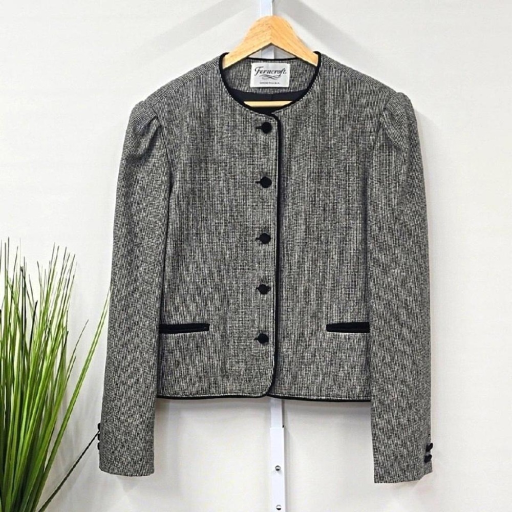 Vintage Ferncroft Womens Wool Houndstooth Blazer Jacket Black White USA‎